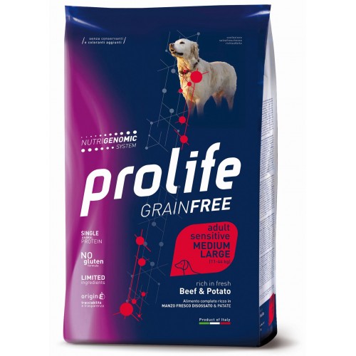 Crocchette per cani Prolife sensitive grain free sensitive manzo e patate  adult medium/large nutrigenomic 10 Kg