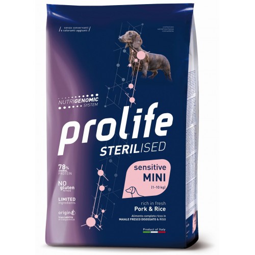 Crocchette per cani Prolife Sterilised Sensitive maiale e riso Mini Adult 7 Kg