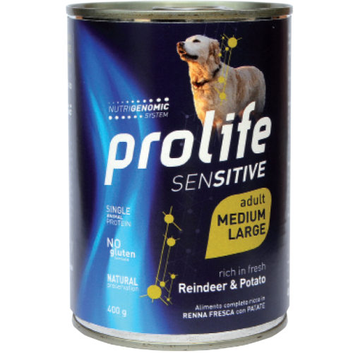 Cibo umido cani Prolife Sensitive Renna e patate 6 scatolette da 400 g