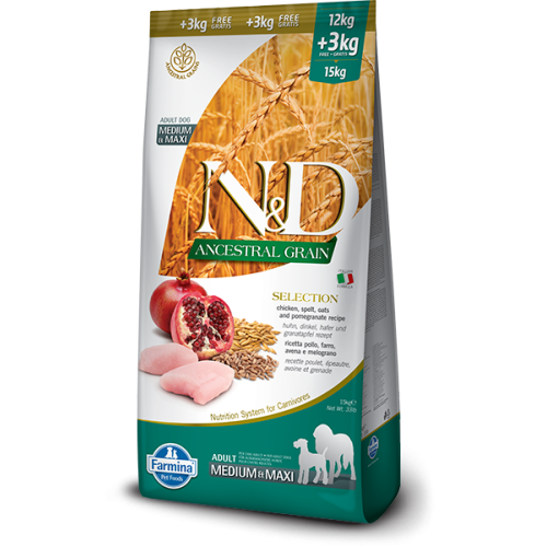 Crocchette per cani Farmina N&D ancestral grain pollo, avena, farro e melograno 12 Kg + 3 Kg