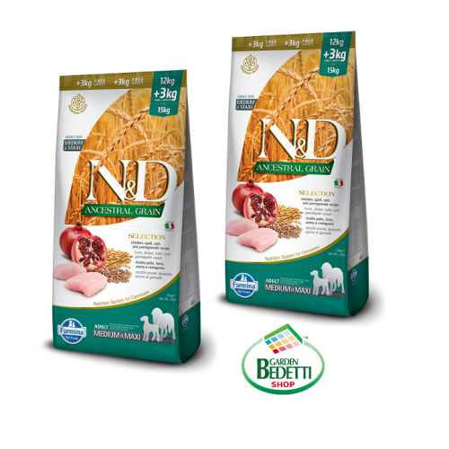 Crocchette per cani Farmina N&D ancestral grain pollo, avena, farro e melograno 12 Kg + 3 Kg