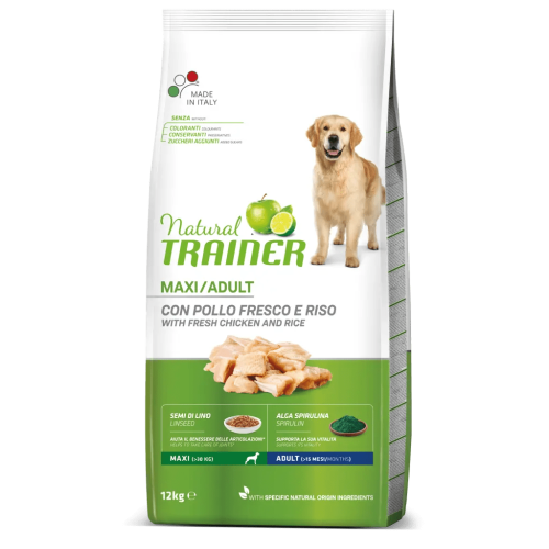 Crocchette per cani Trainer natural adult maxi pollo e riso 12 kg