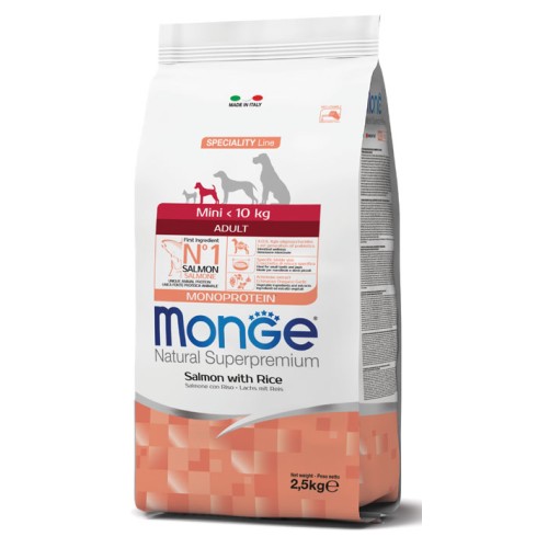 Crocchette per cani Monge adult mini salmone e riso 2,5 Kg