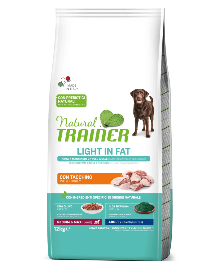 Crocchette per Cani Trainer Cane Natural Adult Light In Fat Medium & Maxi al Tacchino 12 Kg (Scadenza il 8/25)