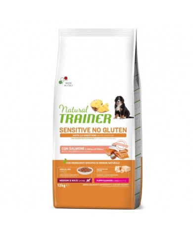 Crocchette per cani Trainer nat sens Puppy/Junior M/M salmon 12KG (Scadenza il 7/25) Crocchette per cani Trainer nat sens Puppy/Junior M/M salmon 12KG (Scadenza il 7/25)
