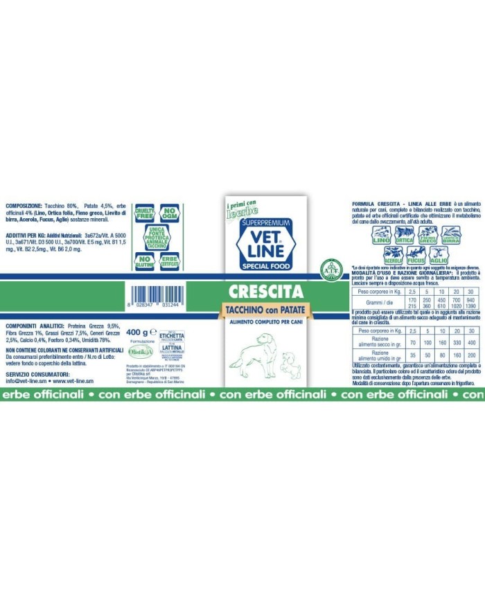 Cibo umido per cani Vet Line crescita tacchino e patate 400 g
