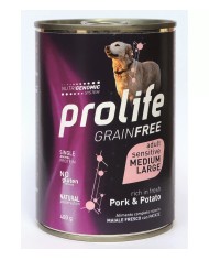 Cibo umido per cani Prolife grainfree adult maiale & patate medium large Conf. 12 scatolette 400 gr