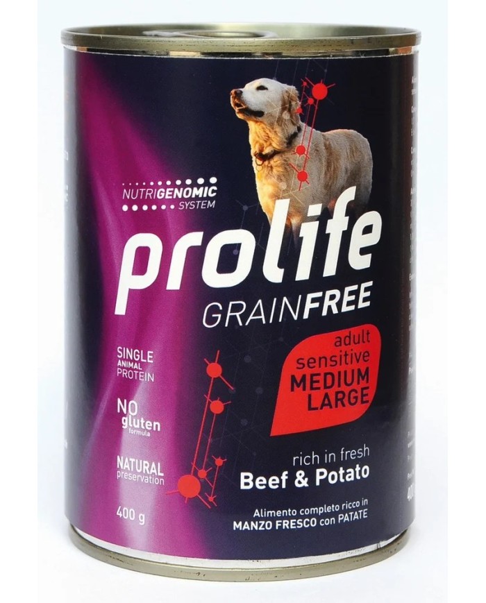 Cibo umido per cani Prolife Grainfree Adult  M/L carne e patate Conf. 6 scatolette 400 gr
