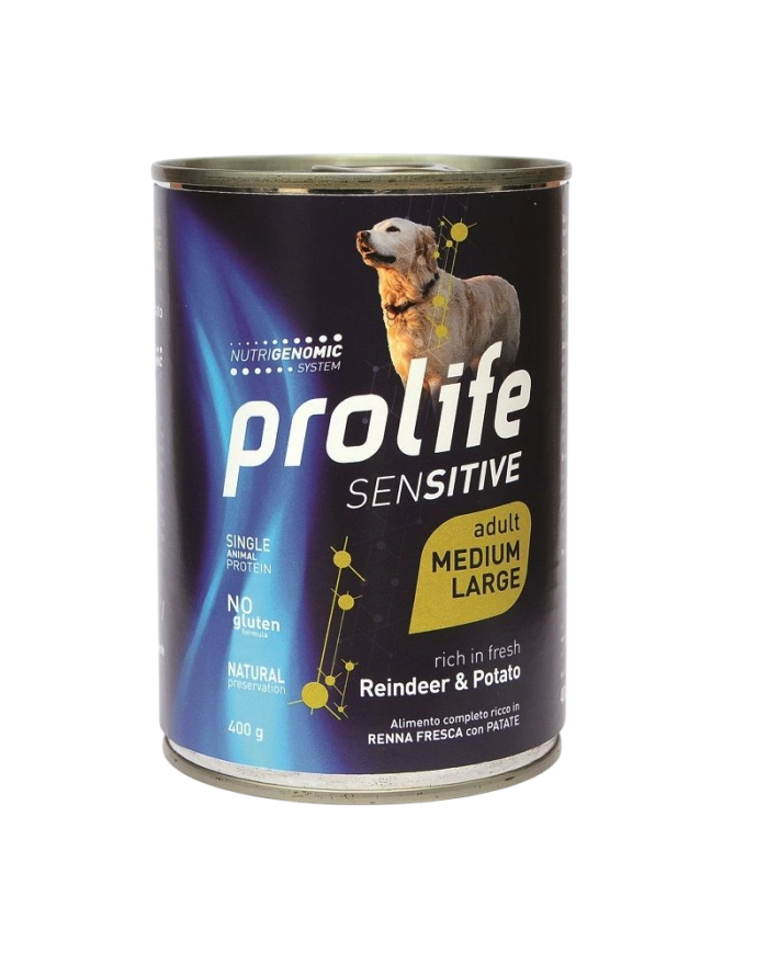 Cibo umido per cani Prolife Sensitive Renna e Patate 12 scatolette da 400 g