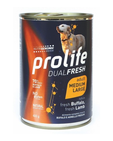 Cibo umido per cani Prolife Dual Fresh Adult M/L Bufalo E Agnello 6 scatolette da 400 g