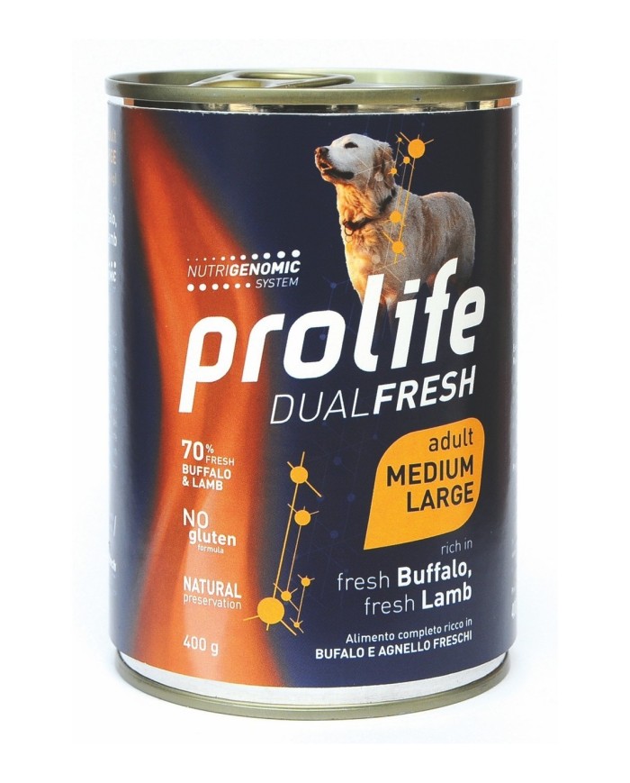 Cibo umido per cani Prolife Dual Fresh Adult M/L Bufalo E Agnello 6 scatolette da 400 g